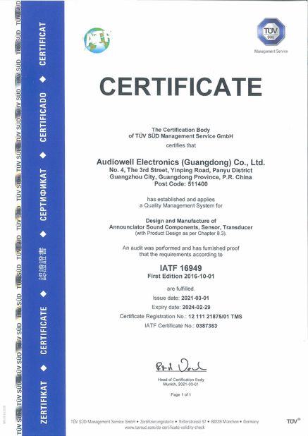 La Cina Audiowell Electronics (Guangdong) Co.,Ltd. Certificazioni